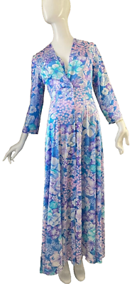 #ad Incredible 70#x27;s Vanity Fair Set 1970s Blue nylon Floral Nightgown and Robe SM $34.99
