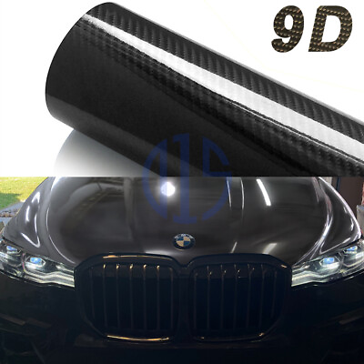 Ultra Gloss 9D PET Liner Black Carbon Fiber Vinyl Wrap Air Release Bubble Free $13.98