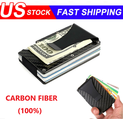 #ad RFID Blocking Slim Money Clip Mens Carbon Fiber Credit Card Holder Metal Wallet $5.98