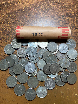 #ad 1943 P STEEL LINCOLN WHEAT CENT PENNY ROLL 50 coins nice condition $16.95