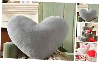 #ad Heart Pillow Fluffy Heart Shaped Throw Pillows Super Soft Faux Rabbit Fur Grey $40.08