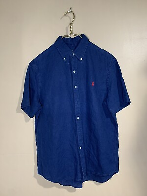 #ad Men#x27;s Polo Ralph Lauren Short Sleeved 100% Linen Navy Blue Button Up Shirt M $29.99