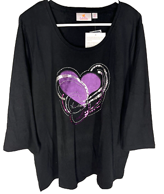 #ad QUACKER FACTORY SHIRT Size 2X Black With Embellished Heart Design NEW NWT $22.95
