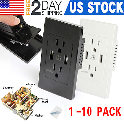 #ad Dual Wall Outlet with USB Ports Charger AC Power Receptacle Plate Panel 15A 120V $11.21