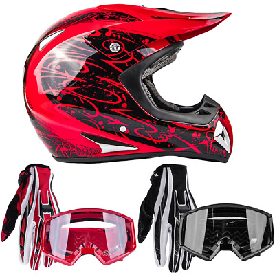 #ad Adult Red Motocross Helmet Combo Gloves Goggles DOT Men Women ATV UTV MX Dirt $59.00