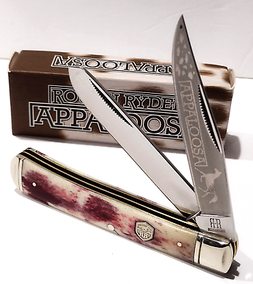 #ad Texas APPALOOSA Horse Rodeo Smooth Red White Bone Trapper Folding Pocket Knife $18.95