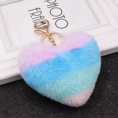 #ad Rainbow Fluffy Heart Fur Pom Pom Keychain Faux Furlike Ball Car Keyring $9.75