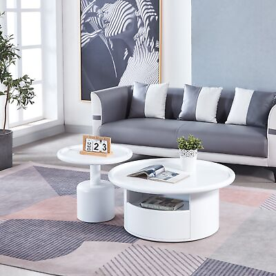 #ad Coffee Table Set 2 Pieces White MDF Round Living Room Bedroom Sturdy Stylish $768.60