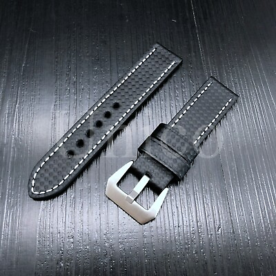 20 22 24 26MM Carbon Fiber Black White Leather Watch Band Strap Fits for Cartier $20.99