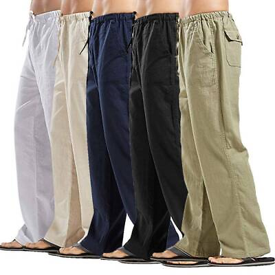 #ad Mens Summer Cotton Linen Pants Drawstring Elastic Waist Wide Leg Loose Trousers $18.08