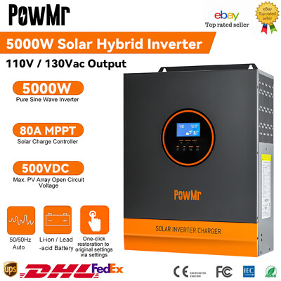 #ad PowMr 5000W Solar Hybrid Inverter 48V DC to 110V AC 80A MPPT Controller PV 500V $589.99