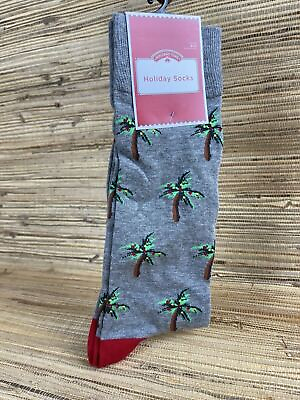 #ad Men#x27;s Socks Gray with Christmas Palm Trees Red and Yellow Lights Size 6 12 st183 $9.01