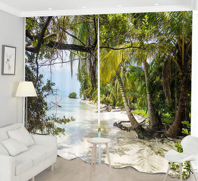 #ad Sunny Sea Beach Scenic Palm Trees 3D Window Curtains Mural Blockout Drape Fabric $103.99