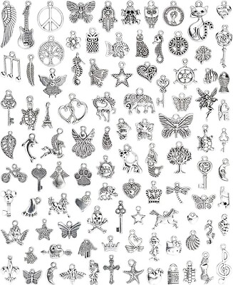 #ad 100 PCs Silver Charms for Jewelry Making Mixed Lot Pendants Bracelet Necklace $8.50
