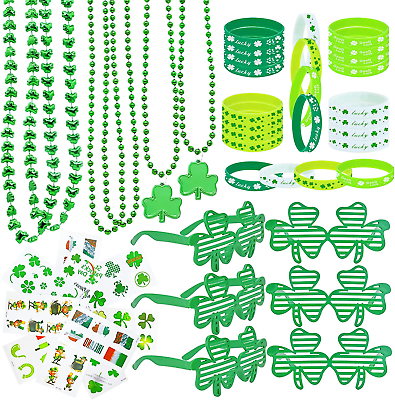 #ad 96Pcs St. Patricks Day Party Favors Set Shamrock Glasses Necklaces Bracelets Tat $17.94