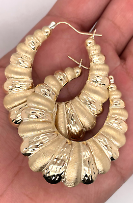 #ad 10K Yellow Gold 7 MM Shrimp Oval Hoop Earrings 2quot; Diamond Cut Matte 8.6 Grams $499.99