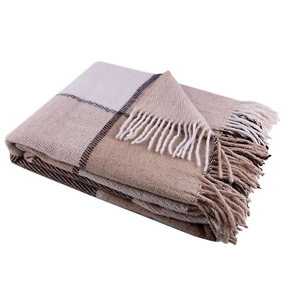 #ad Wool Throw Blanket Checked Large Reversible Brown Warm Cozy Fringed Throw 67x83quot; $59.95