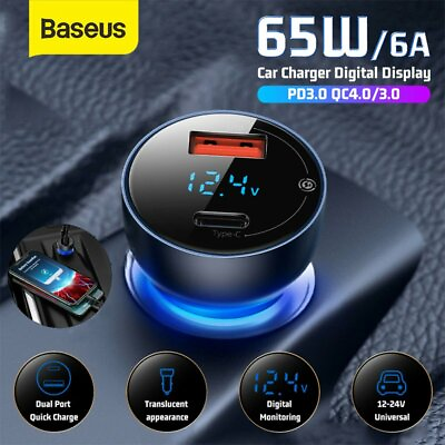 Baseus PD 65W 45W Car Charger USB C Type C Dual Ports Fast Charging Adapter Kit $9.59