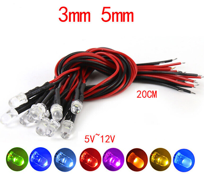 #ad Pre Wired LEDs 3mm 5mm Ultra Bright Constant 5V 12V Various Colours Prewired $2.49