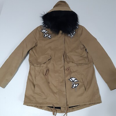 #ad Loft Ann Taylor Coat Womans Small Brown Khaki Faux Fur Hood Embroidered Flowers $19.99