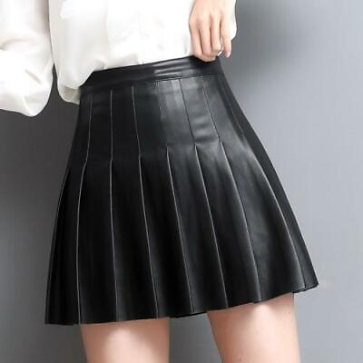 #ad Women Real Leather Skirt Fall Winter Mini Pleated High Waist Slim A Line Skirt B $44.63