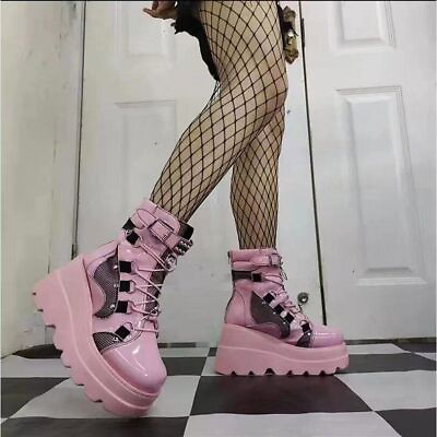 #ad Women Punk Boots High Heel Ankle Boot Ladies Cool Wedge Woman Black Shoes $72.65