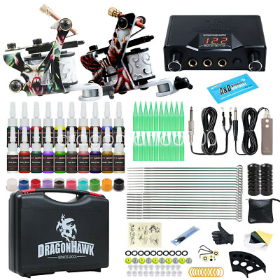 #ad Beginner Tattoo Kit Set 2 Machine Gun Color Ink Power Supply Needle Grip Tip Box $39.99