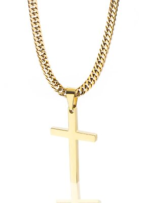 #ad Men Cross Necklace Silver Gold Stainless Steel Boy Plain Pendant Cuban Chain $10.44