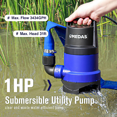 #ad 1HP Submersible Sump Pump 3434 GPH Clean Dirty Water Portable with 16.4Ft Cord $59.87