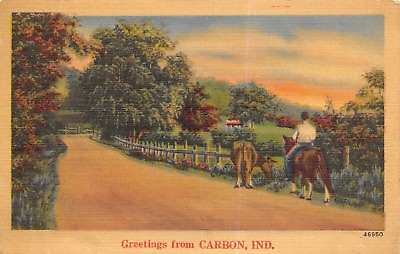 Carbon IN Two Horse One Horseback Rider Greetings As the Sun Goes Down 1940s $5.50