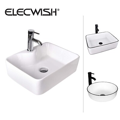 #ad ELECWISH Bathroom Vessel Sink White Ceramic Counter Top Basin Bowl with Faucet $99.99