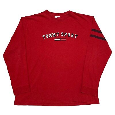 #ad VTG Tommy Sport Tommy Hilfiger Long Sleeve T shirt XL Red 100% Cotton Distressed $16.00