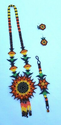 #ad 4 PIECES HUICHOL MEXICAN HAND MADE JEWELRY BEADED FOLK ART FLOWER $51.03