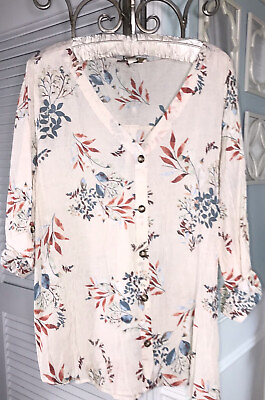 #ad NEW Plus Size 2X 1X Ivory Blouse Blue Floral Button Top Shirt $27.95