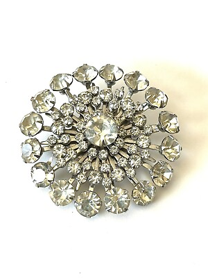 #ad Snowflake Brooch Sparkly Clear Rhinestone Round Pin Vintage Glass Prong Set $15.00