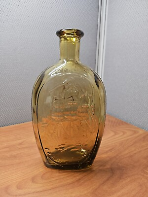 #ad VINTAGE AMBER YELLOW GLASS FLASK BOTTLE $28.99