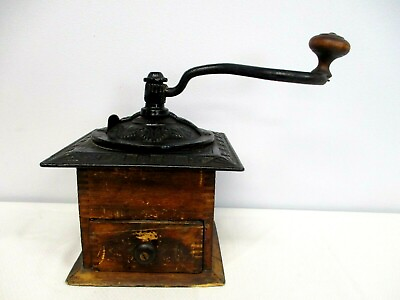 #ad ANTIQUE WOOD COFFEE MILL GRINDER with ORNATE STAR LEAF METAL TOP with HAND CRANK $120.00
