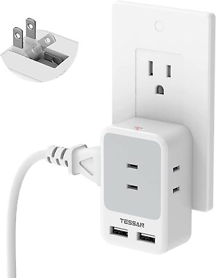 #ad Flat Wall Plug Outlet Extender 2 Prong Swivel Outlet Adapter with 3 Outlet 2 USB $9.75