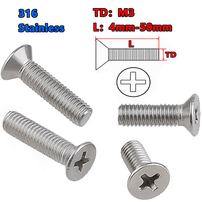 #ad Phillips Countersunk Machine Screws A4 Stainless Steel Flat Head Bolts DIN965 M3 $1.95