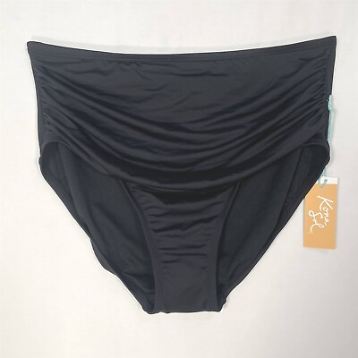 #ad Kona Sol Bikini Bottom Womens Large High Waisted Shirred High Coverage Black $11.99