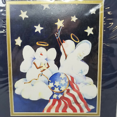 #ad Angel Snowman Adding Stars from Sky to USA Flag Patriotic Art Print Vintage $19.95