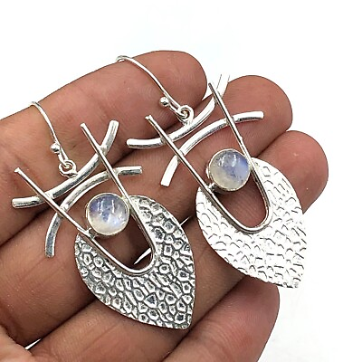 #ad Natural Rainbow Moonstone Gemstone Drop Dangle White Earrings 925 Silver $13.50