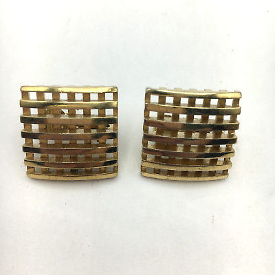 #ad Vintage Avon Yellow Gold Tone Grid Weave Design Clip On Earrings Signed $5.99