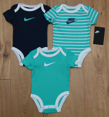 Nike Baby Boy 3 Piece Bodysuit Set Navy Blue Aqua amp; White 3M $29.95