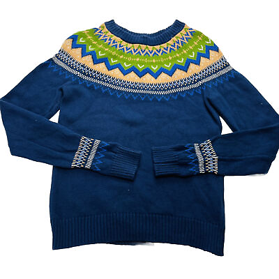 #ad ModCloth Sweater Womens XS Navy Fair Isle 100% Cotton Knit Crewneck Nordic $33.93