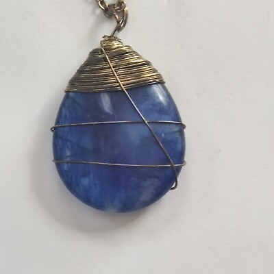 #ad Wire Wrapped Blue Glass Tear Drop Pendant Necklace on a Long Chain $12.00