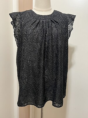 #ad Michael Kors Black Lace Cap Sleeve Beaded Blouse Size Large Lined $25.00