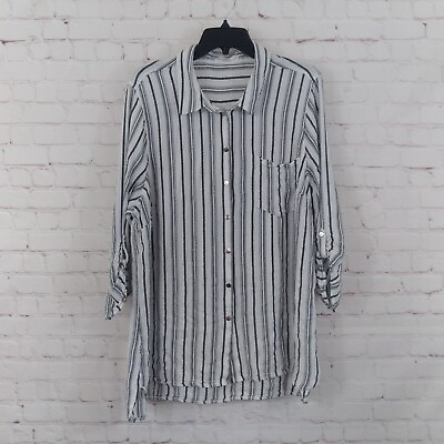 #ad 89th Madison Top Womens 2X White Black Striped 3 4 Sleeve Roll Tab Button Up $17.94