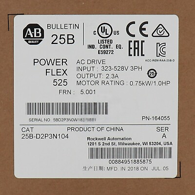 #ad Allen Bradley 25B D2P3N104 PowerFlex 525 0.75kW 1Hp AC Drive Factory Sealed NEW $348.00