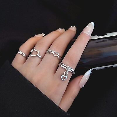 #ad Creative Hollow Heart Ring Fashion Ring Simple Ring Four Piece Set $6.03